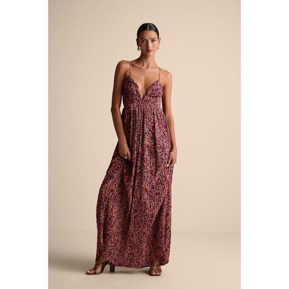 NWT Lulus Kit Plum Multi Floral Pleated Lace-up Maxi Dress Purple - Size S